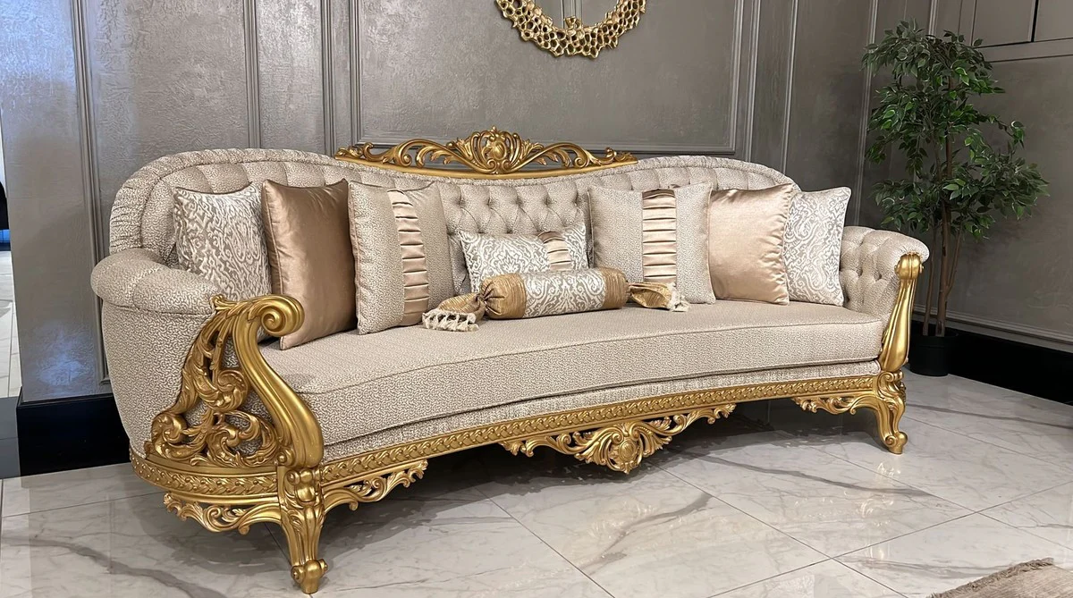 Luxus Barock Wohnzimmer Sofa Gold Muster / Gold - Prunkvolles Barockstil Sofa - Luxus Wohnzimmer Möbel im Barockstil - Barock Möbel - Edel & Prunkvoll