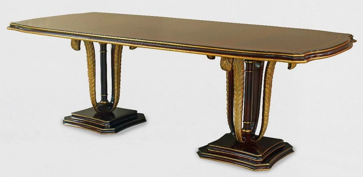 Luxus Barock Esstisch Braun / Gold 240 x 110 x H. 78 cm - Edler Massivholz Küchentisch mit dekorativen handgeschnitzten Federn - Esszimmer Möbel im Barockstil