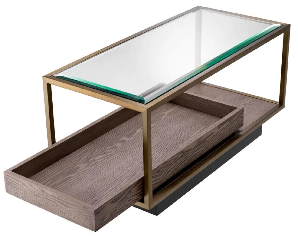 Luxus Beistelltisch Messing / Grau / Schwarz 90 x 42 x H. 44 cm - Rechteckiger Wohnzimmer Tisch mit Glasplatte - Hotel Tisch - Wohnzimmer Möbel - Hotel Möbel - Luxus Möbel