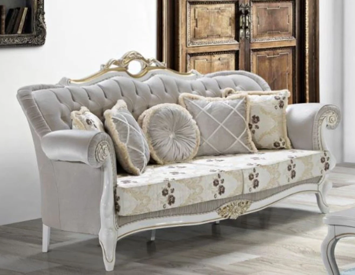 Barock Wohnzimmer Sofa mit Glitzersteinen und Blumenmuster Hellgrau / Creme / Beige / Weiß / Gold 215 x 80 x H. 120 cm - Barock Möbel