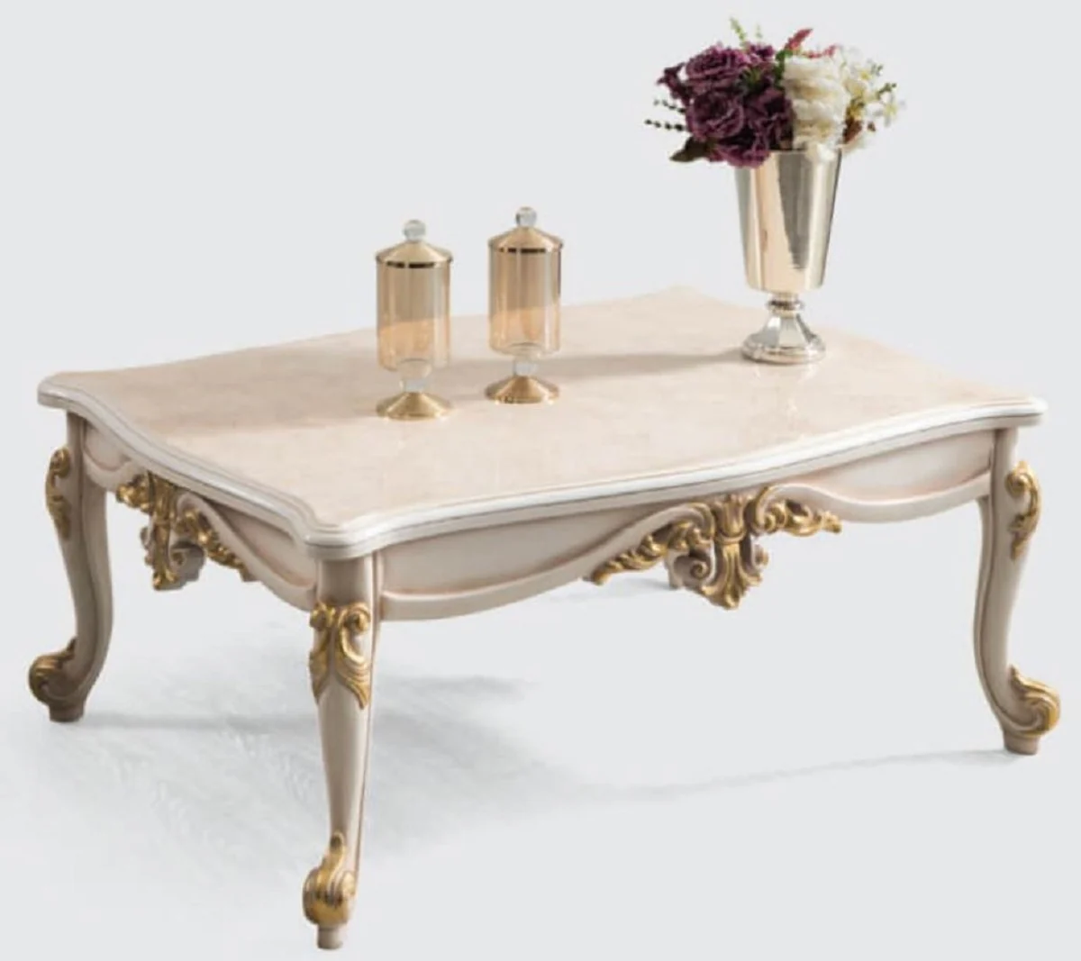 Luxus Barock Couchtisch Beige / Weiß / Gold - Edler Massivholz Wohnzimmertisch im Barockstil - Barock Wohnzimmer Möbel