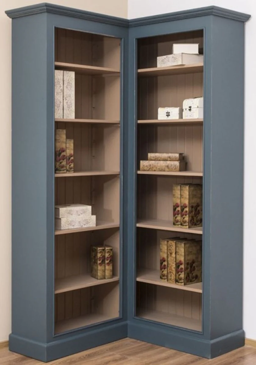 Landhausstil Eckschrank Blau / Beige 102 x 102 x H. 210 cm - Massivholz Bücherschrank - Landhausstil Wohnzimmer Möbel