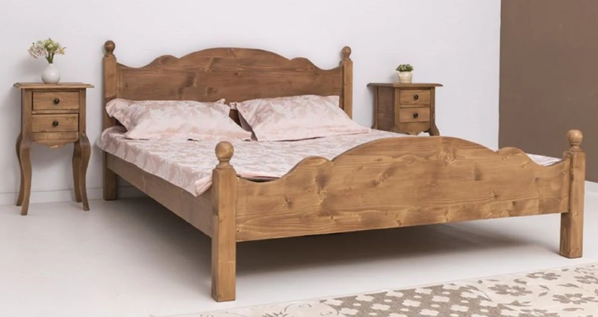 Landhausstil Massivholz Schlafzimmer Set Braun - 1 Landhausstil Doppelbett & 2 Landhausstil Nachttische - Massivholz Schlafzimmer Möbel - Schlafzimmer Möbel im Landhausstil