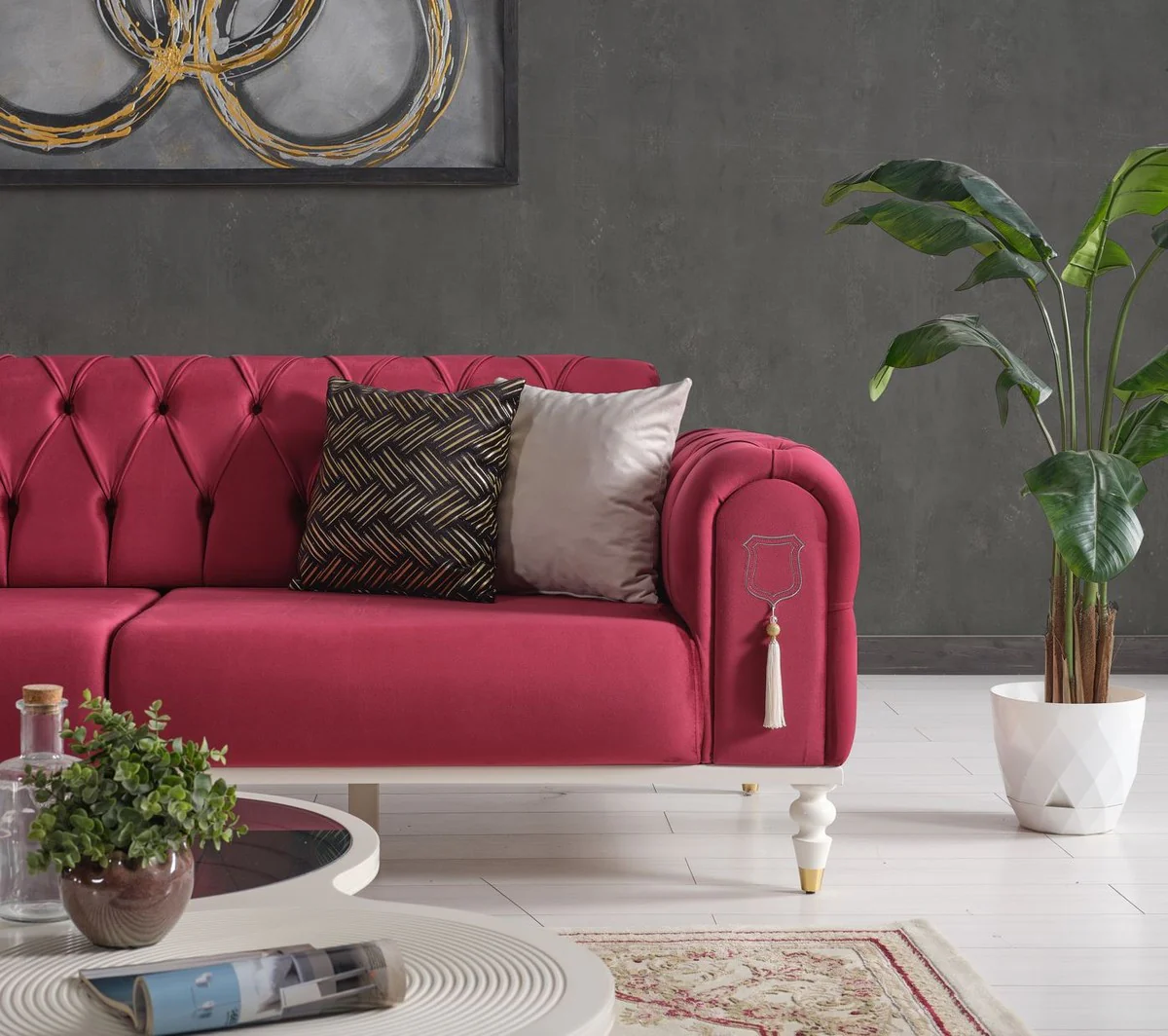 Luxus Chesterfield Schlafsofa Rot / Weiß / Gold 230 x 95 x H. 83 cm - Wohnzimmer Sofa mit 3 Kissen - Luxus Wohnzimmer Möbel