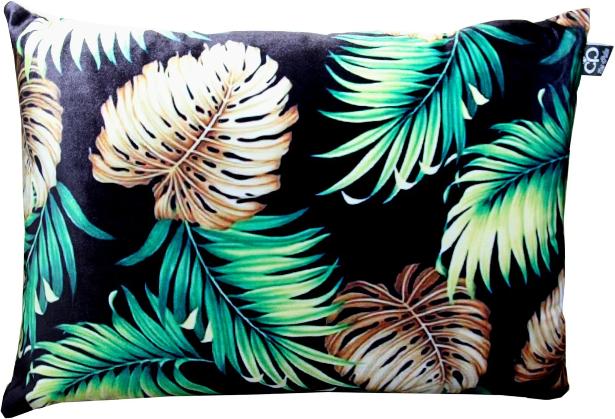 Luxus Kissen San Francisco Palm Leaves Schwarz / Mehrfarbig 35 x 55 cm - Feinster Samtstoff - Wohnzimmer Deko Accessoires