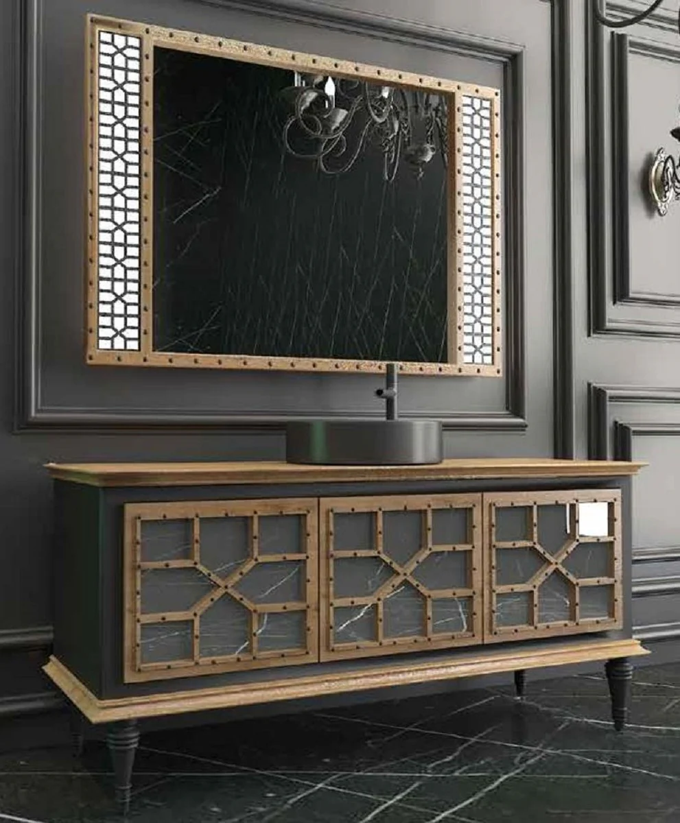 Luxus Badezimmer Set Naturfarben / Schwarz - 1 Waschtisch mit 3 Türen und 1 Waschbecken und 1 Wandspiegel - Luxus Qualität