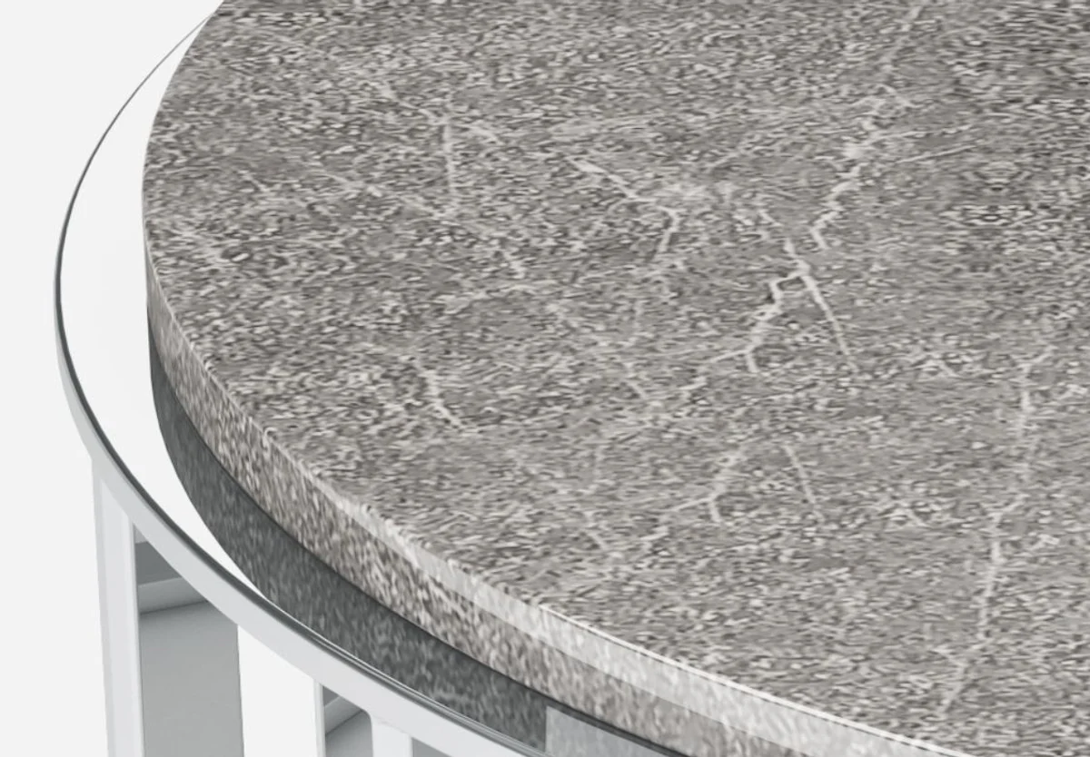 Luxus Couchtisch Grau / Silber Ø 100 x H. 42 cm - Runder Wohnzimmertisch mit Emperador Marmorplatte und Edelstahl Gestell - Wohnzimmermöbel - Luxus Qualität
