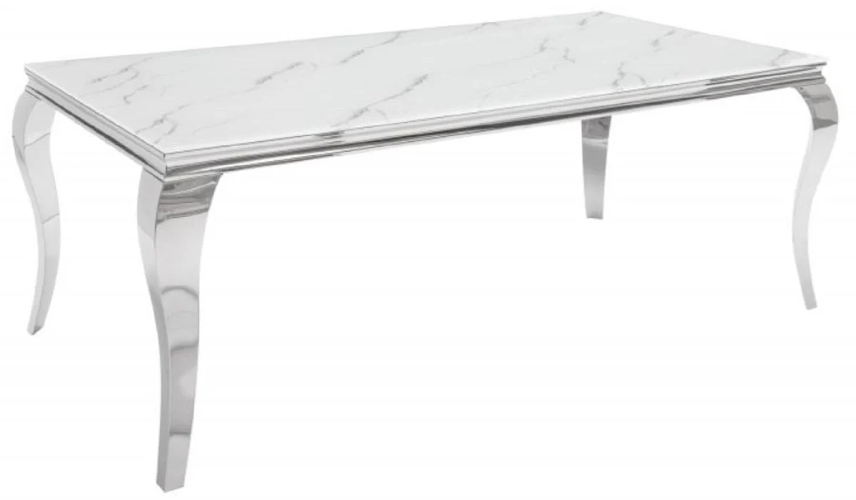 Designer Esstisch Weiß / Grau / Silber 180 x 95 x H. 75 cm - Rechteckiger Edelstahl Küchentisch mit digitalbedrucktem Sicherheitsglas in Marmoroptik - Moderne Barock Möbel