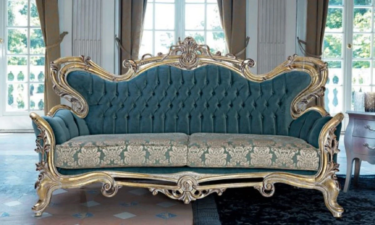 Luxus Barock Sofa Blau / Gold - Handgefertigtes Barockstil Wohnzimmer Sofa mit elegantem Muster - Barock Wohnzimmer Möbel