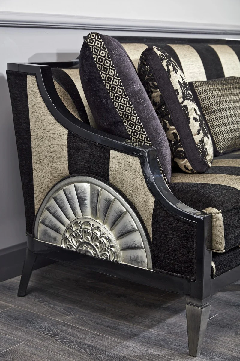 Luxus Barock Wohnzimmer Set Schwarz / Gold / Silber - 1 Sofa & 2 Sessel & 1 Couchtisch & 1 Beistelltisch - Barockmöbel