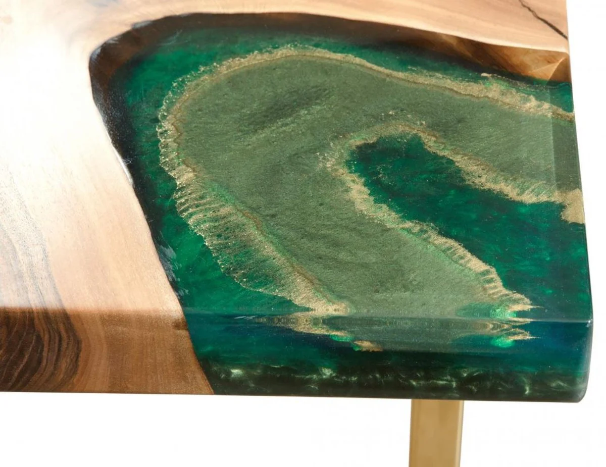 Luxus Esstisch Naturfarben / Braun / Grün / Gold 160 x 80 x H. 76 cm - Rechteckiger Küchentisch mit Epoxiharz - Esszimmer Möbel - Epoxiharz Möbel - Luxus Möbel