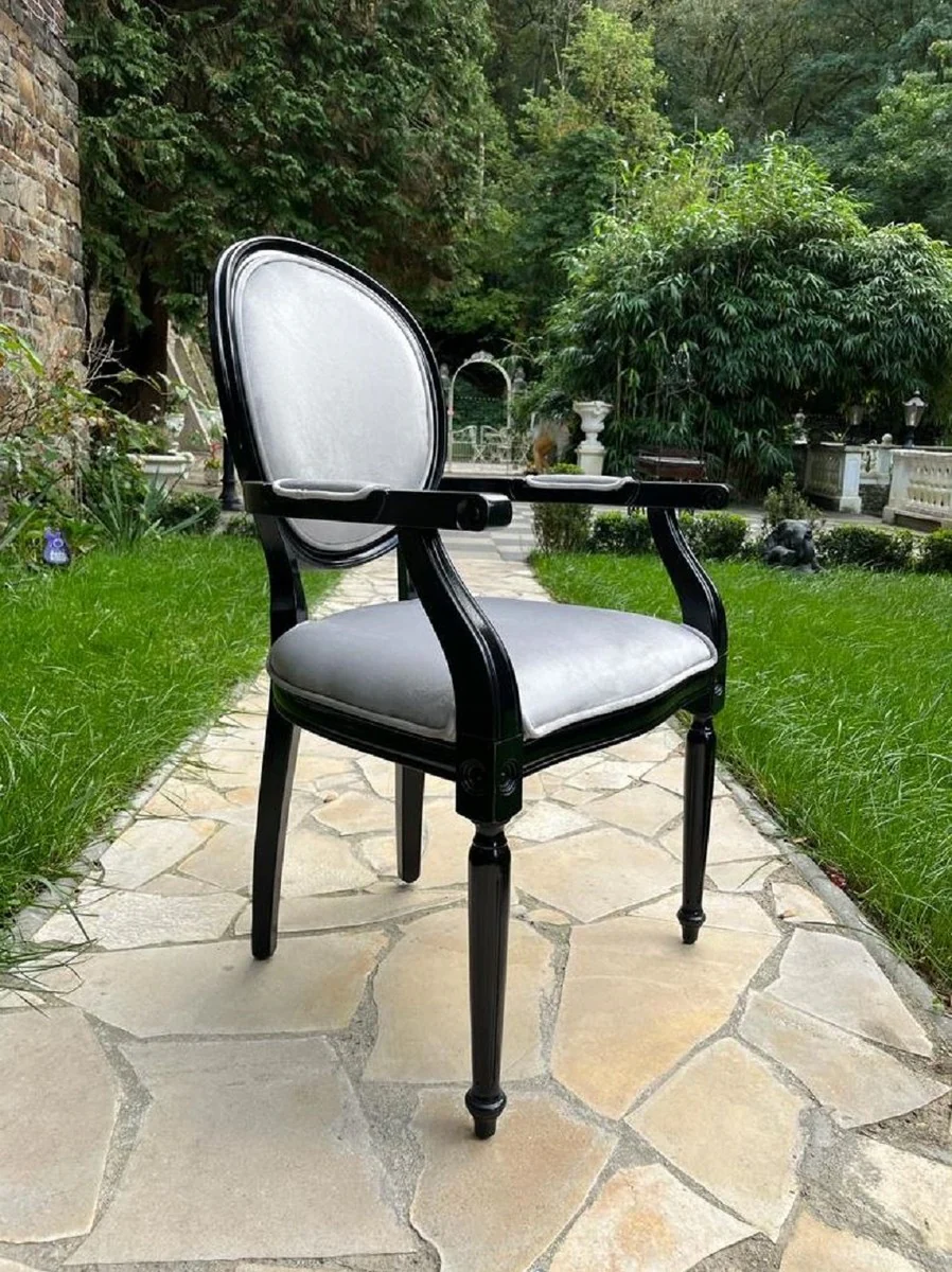 Luxus Barock Esszimmer Stuhl Grau / Schwarz - Handgefertigter Antik Stil Stuhl mit Armlehnen und edlem Samtstoff - Esszimmer Möbel im Barockstil