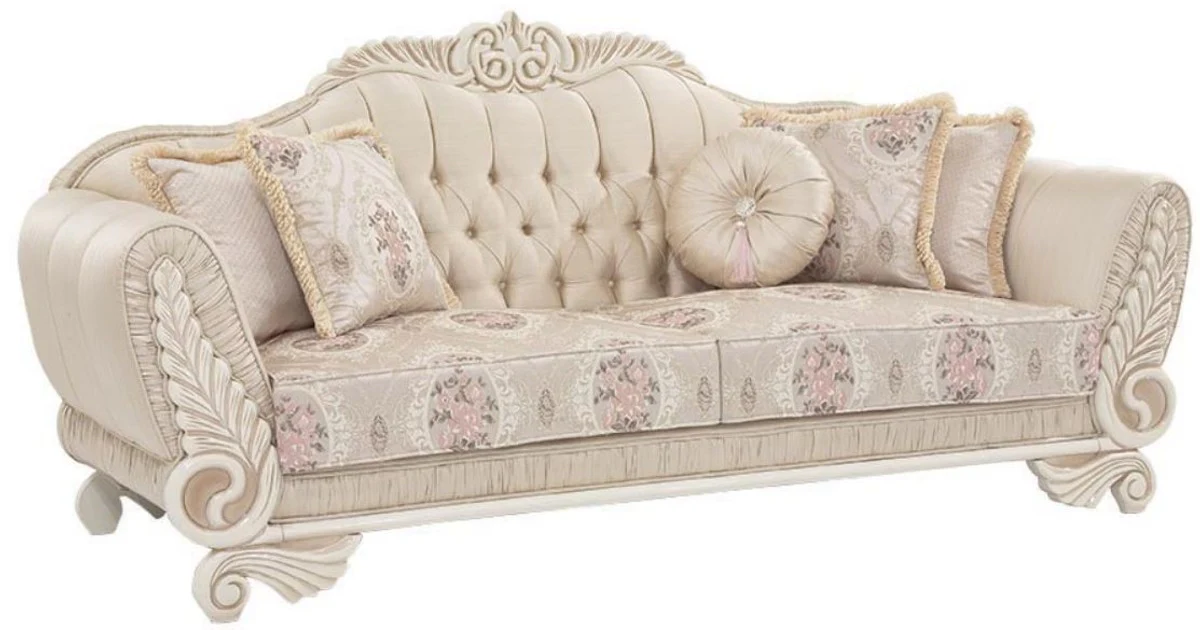 Luxus Barock Sofa Beige / Creme / Rosa 227 x 87 x H. 107 cm - Wohnzimmer Sofa mit dekorativen Kissen - Wohnzimmermöbel im Barockstil