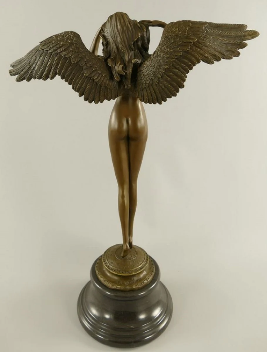 Luxus Jugendstil Deko Skulptur Engel Bronze / Schwarz 38 x 20 x H. 57 cm - Bronze Figur mit Marmorsockel - Barock & Jugendstil Bronze Skulpturen