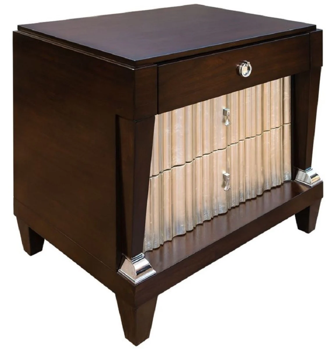 Luxus Neoklassisches Schlafzimmer Set Hellbeige / Dunkelbraun / Silber - 1 Doppelbett mit Kopfteil & 2 Nachtkommoden - Neoklassische Schlafzimmer Möbel