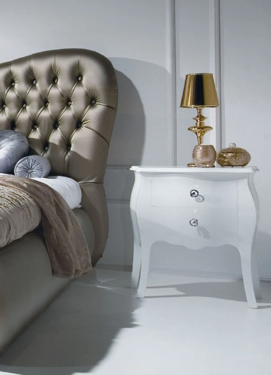 Luxus Barock Nachtkommode mit 2 Schubladen Hochglanz Weiß - Handgefertigter Barock Nachttisch - Barock Schlafzimmer Möbel - Luxus Möbel in Barockstil - Barock Möbel