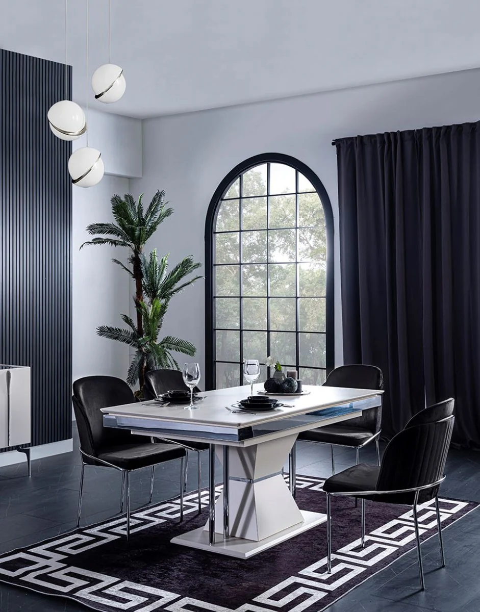 Luxus Art Deco Esszimmer Set Schwarz / Weiß / Grau / Silber - 1 Esszimmertisch & 4 Esszimmerstühle - Edle Art Deco Esszimmer Möbel