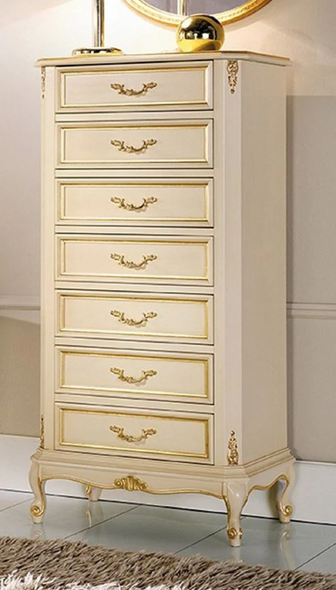 Luxus Barock Kommode Creme / Gold - Handgefertigte Barockstil Massivholz Kommode mit 7 Schubladen - Handgefertigte italienische Barock Möbel - Luxus Qualität - Made in Italy