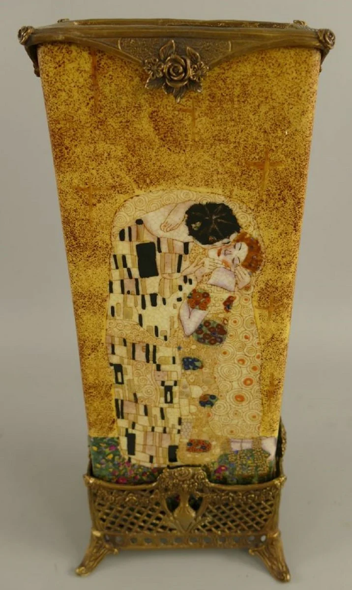 Jugendstil Deko Vase Mehrfarbig / Messing 15 x 10 x H. 34 cm - Porzellan Blumenvase - Barock & Jugendstil Deko Accessoires