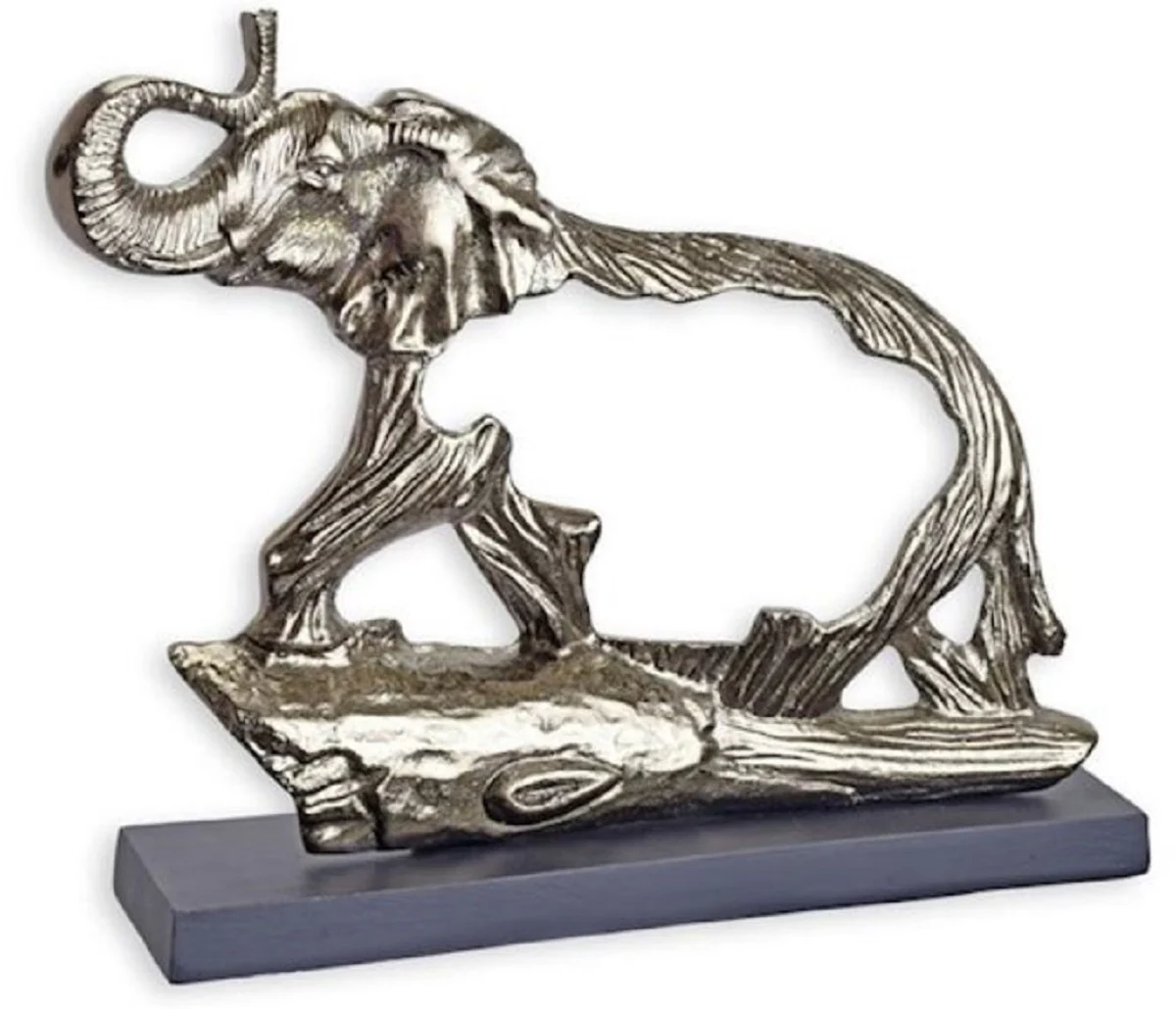 Luxus Aluminium Deko Skulptur Elefant Silber / Grau 48,3 x 10,5 x H. 38,4 cm - Aluminium Deko Figur mit Holzsockel - Wohnzimmer Deko - Schreibtisch Deko
