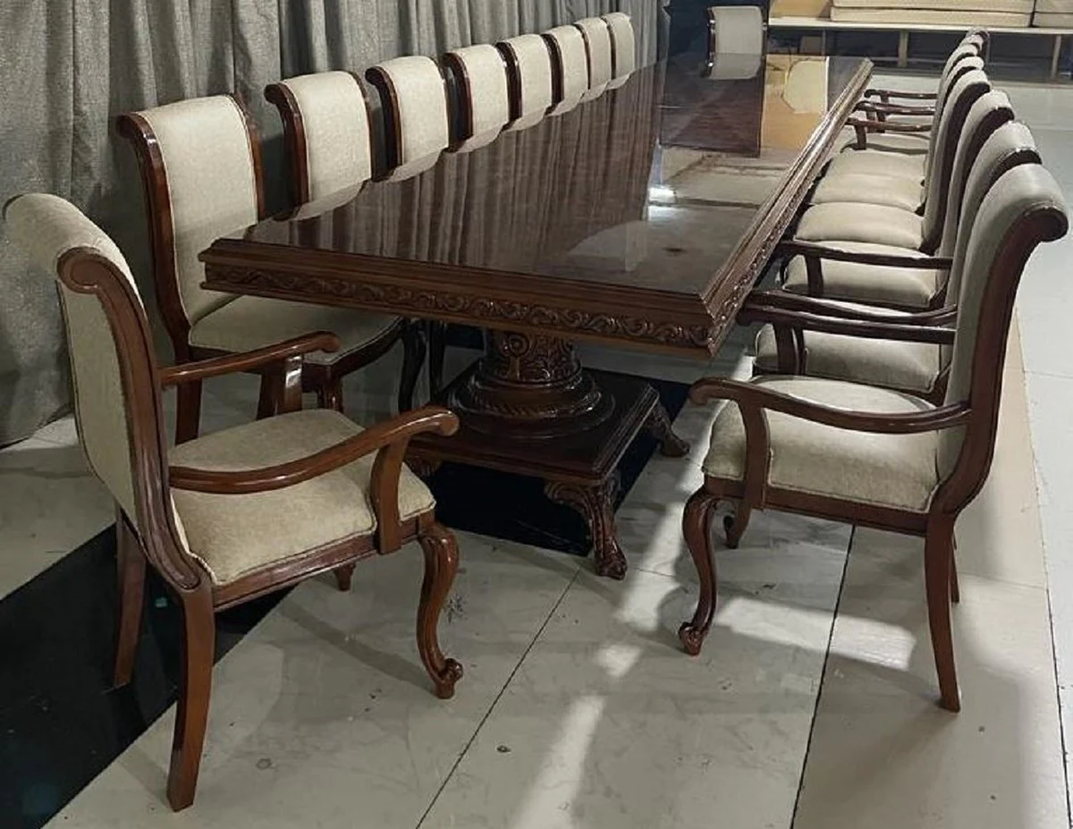 Luxus Barock Esszimmer Set Grau / Braun - 1 Riesiger Barock Esstisch & 14 Barock Esszimmerstühle - Barock Esszimmer Möbel - Luxus Möbel im Barockstil - Edel & Prunkvoll