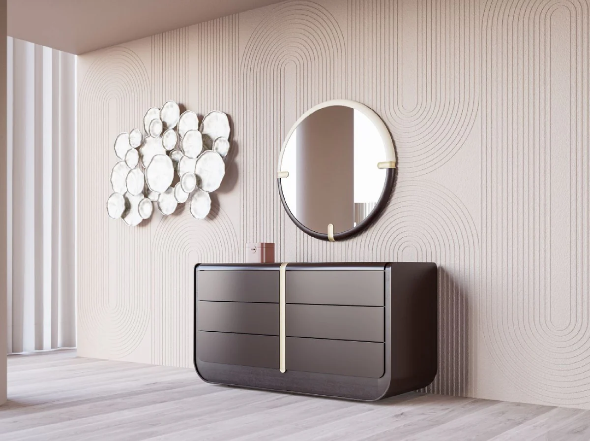 Luxus Massivholz Kommode mit 6 Schubladen Schwarz / Beige 160 x 56 x H. 85 cm - Schlafzimmer Kommode - Schlafzimmer Möbel - Luxus Möbel - Luxus Einrichtung - Möbel Luxus