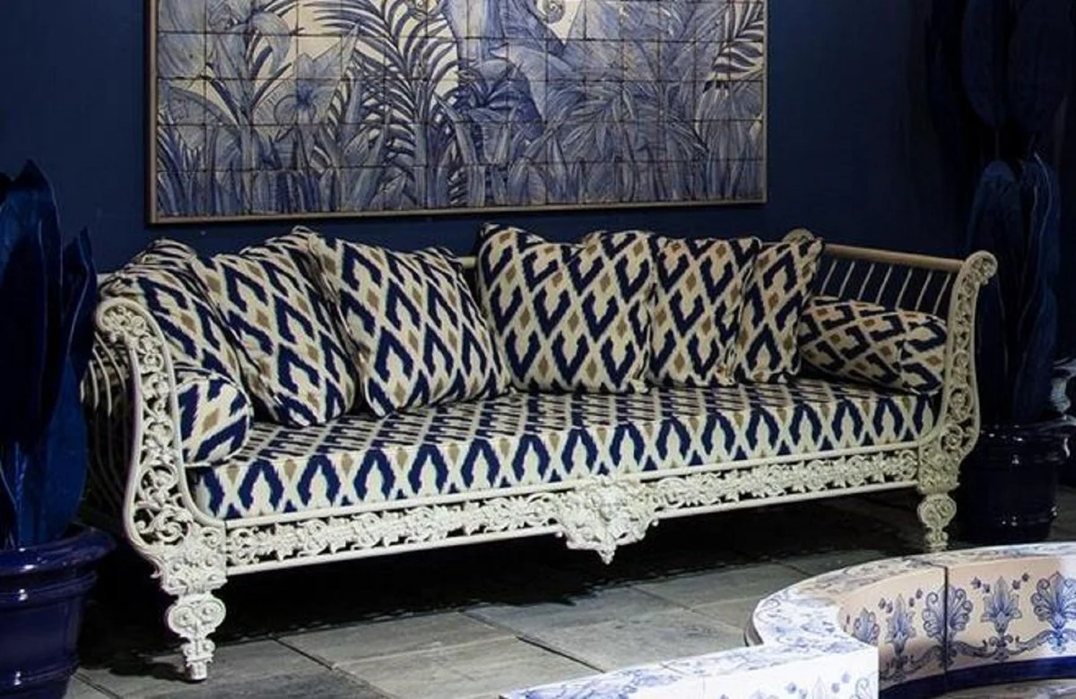 Luxus Barock Sofa Weiß / Blau / Gold 212 x 87 x H. 77 cm - Handgeschmiedetes Schmiedeeisen Sofa mit Kissen - Wohnzimmer Sofa - Garten Sofa - Terrassen Sofa - Barock Möbel