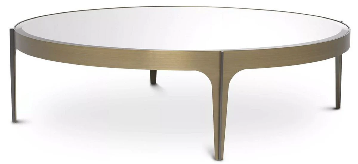 Luxus Couchtisch Messing / Bronze Ø 124 x H. 34,5 cm - Runder Edelstahl Wohnzimmertisch mit Spiegelglas Tischplatte - Luxus Wohnzimmer Möbel