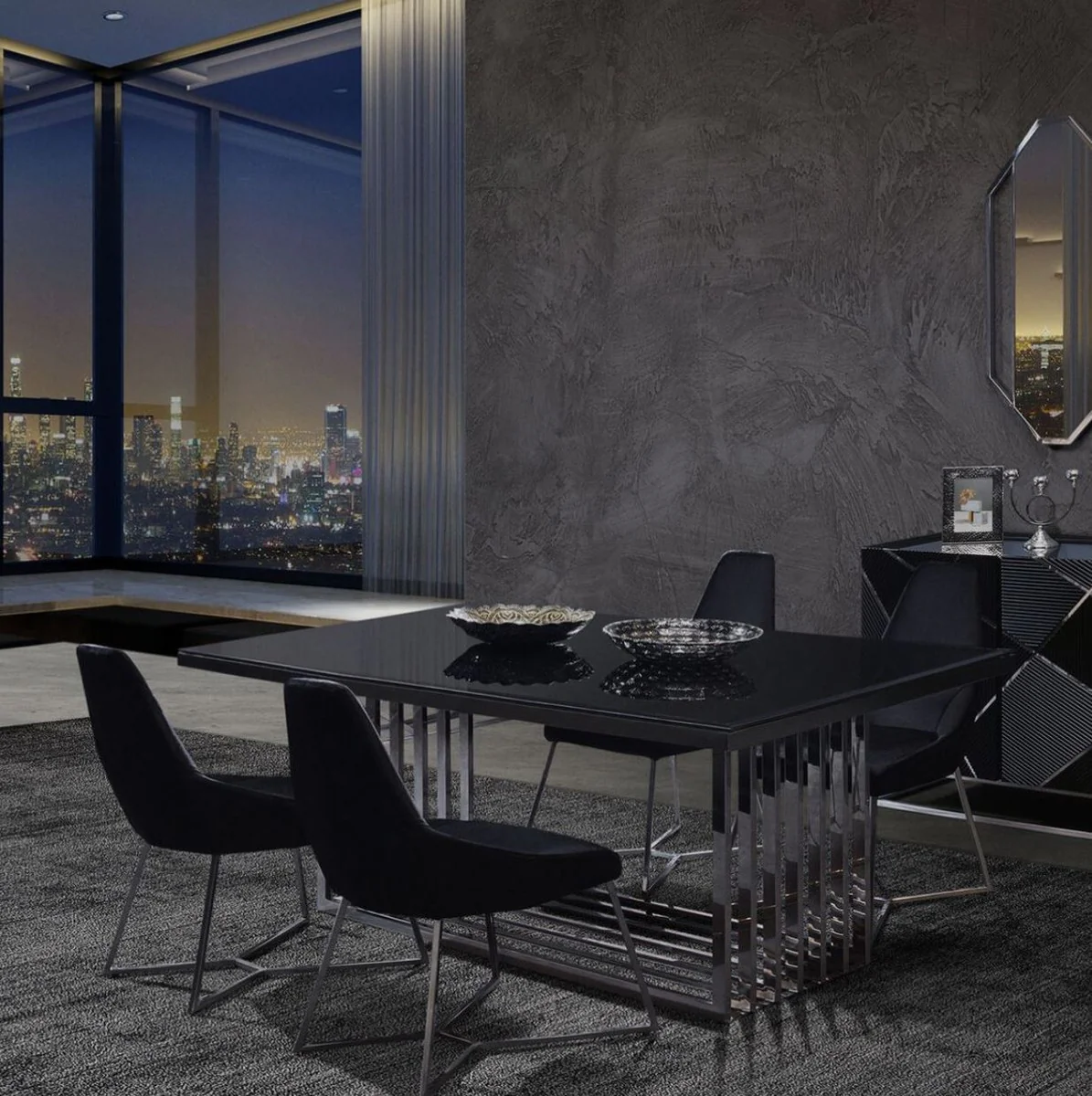 Luxus Esszimmer Möbel Set Silber / Schwarz - 1 Esstisch & 6 Esszimmerstühle - Esszimmer Möbel - Luxus Qualität