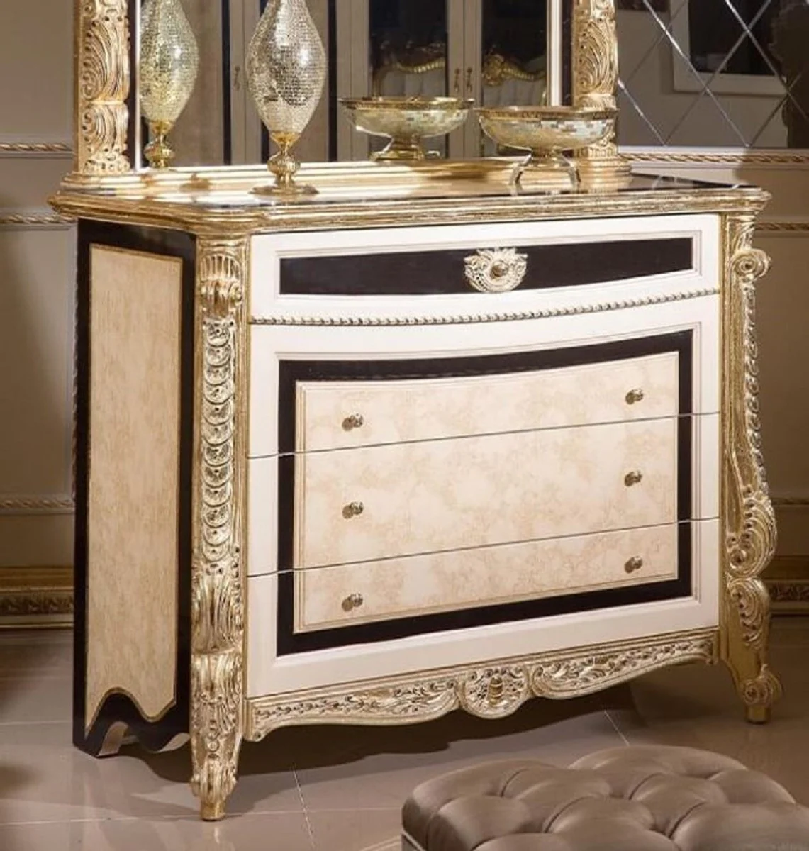Luxus Barock Kommode Weiß / Beige / Schwarz / Gold - Handgefertigte Barock Kommode mit 4 Schubladen - Luxus Schlafzimmer Möbel im Barockstil - Barock Schlafzimmer Möbel