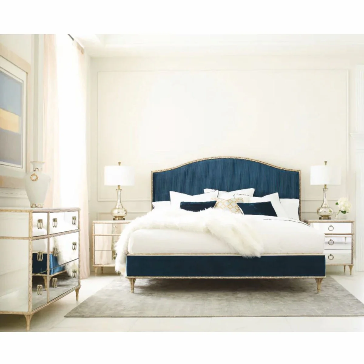 Luxus Barock Nachtkommode Weiß / Gold H. 71 cm - Verspiegelte Barock Möbel