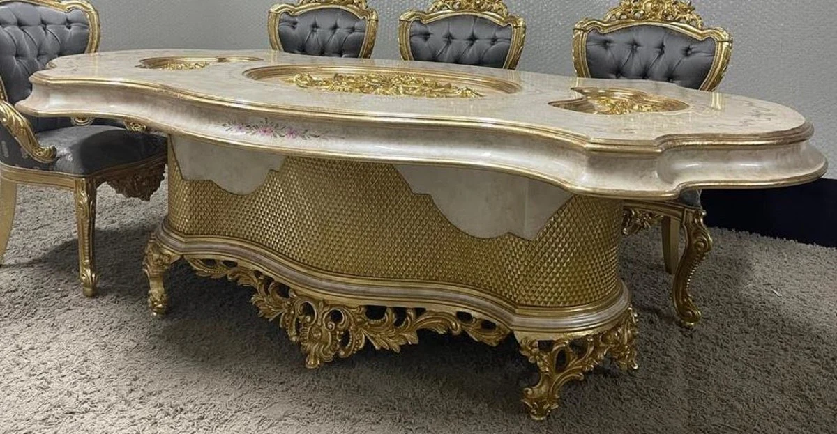 Luxus Barock Esstisch Mehrfarbig / Gold - Prunkvoller Massivholz Esszimmertisch im Barockstil - Barock Esszimmer Möbel - Luxus Esszimmer Möbel im Barockstil - Edel & Prunkvoll