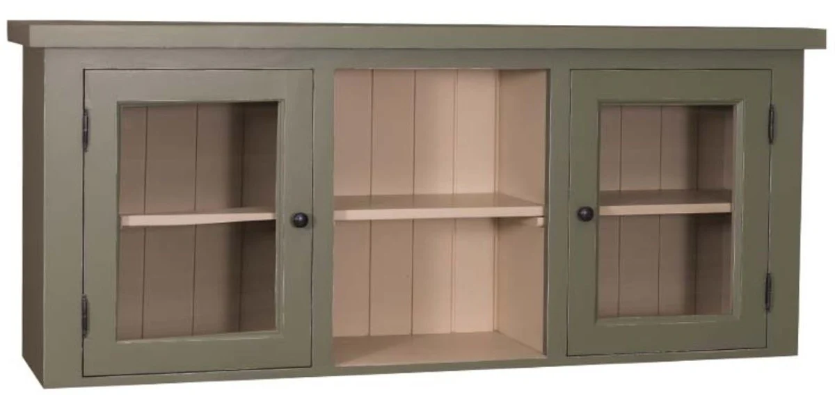 Landhausstil Küchenhängeschrank Grün / Beige 156 x 31 x H. 65 cm - Landhausstil Küchenschrank mit 2 Glastüren
