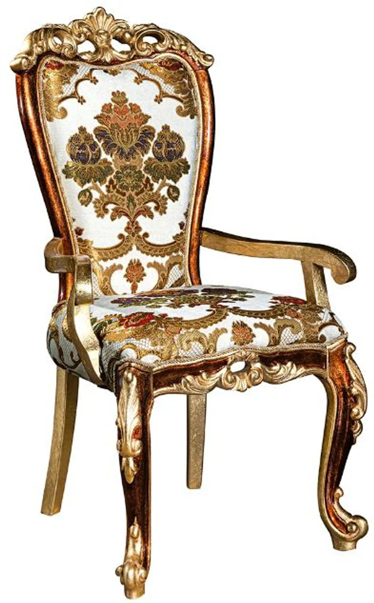 Luxus Barock Esszimmer Set Weiß / Gold / Braun / Gold - 1 Esszimmertisch & 6 Esszimmerstühle - Edle Esszimmer Möbel im Barockstil - Edel & Prunkvoll