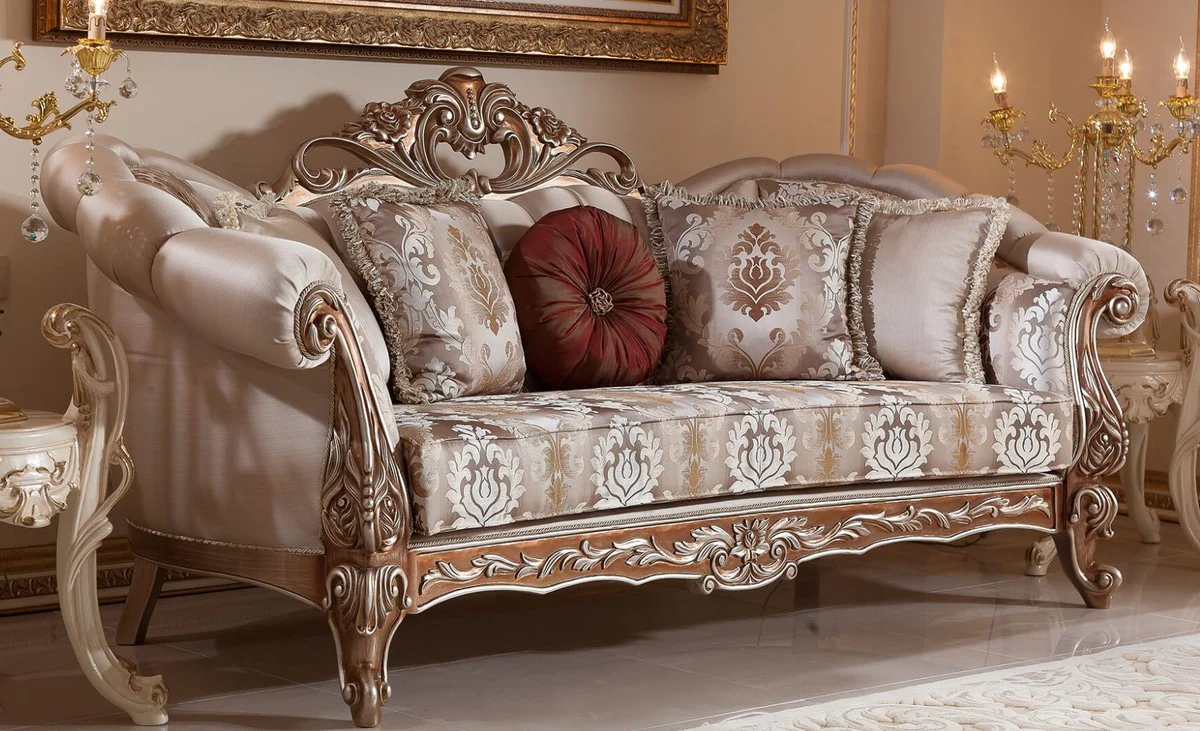 Luxus Barock Sofa Grau / Kupfer / Silber - Prunkvolles Wohnzimmer Sofa mit elegantem Muster - Barock Wohnzimmer & Hotel Möbel - Edel & Prunkvoll