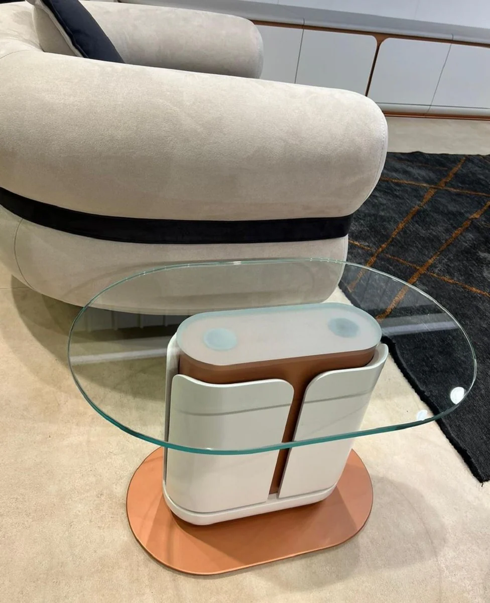 Luxus Beistelltisch Weiß / Kupfer 60 x 40 x H. 40 cm - Ovaler Tisch mit Glasplatte - Wohnzimmer Möbel - Hotel Möbel - Luxus Möbel