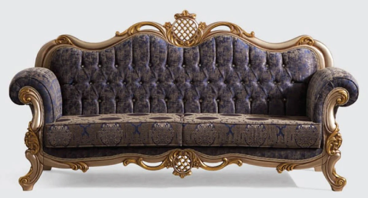 Luxus Barock Sofa Blau / Silber / Gold 230 x 85 x H. 120 cm - Prunkvolles Wohnzimmer Sofa mit elegantem Muster - Möbel im Barockstil