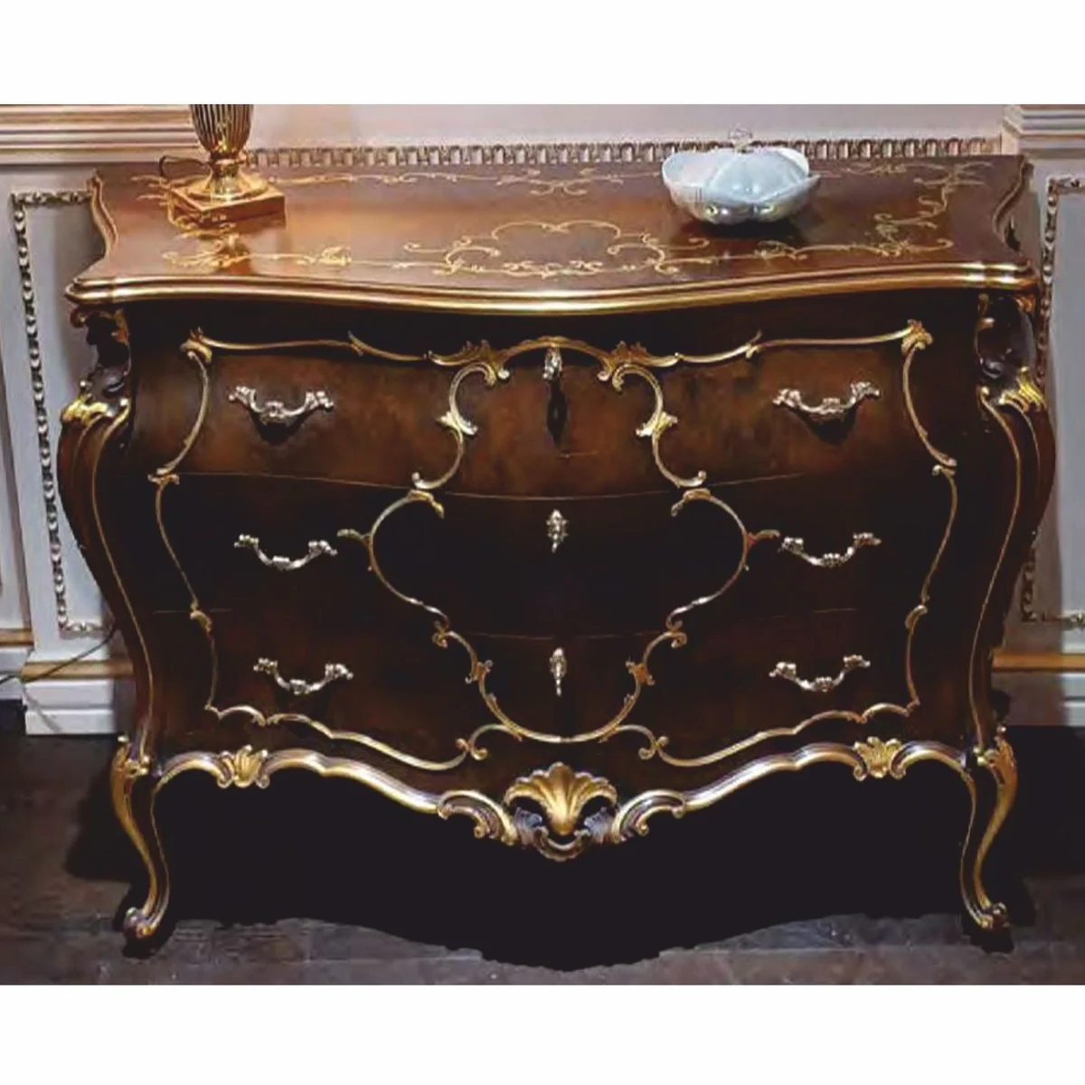 Luxus Barock Kommode mit 3 Schubladen Braun / Gold 123 cm - Made in Italy