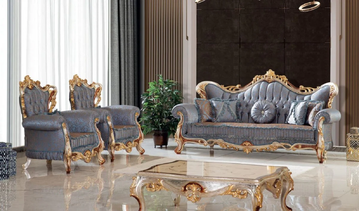 Luxus Barock Couchtisch Creme / Silber / Braun / Gold 125 x 90 x H. 45 cm - Handgefertigter Massivholz Wohnzimmertisch im Barockstil - Barock Möbel