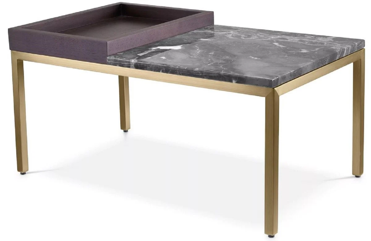 Luxus Beistelltisch Messing / Braun / Grau 70 x 40 x H. 35 cm - Rechteckiger Messing Tisch mit Walnuss Furnier und Marmorplatte - Wohnzimmer Möbel - Luxus Möbel - Luxus Einrichtung