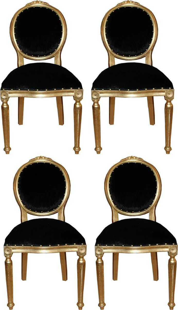 Luxus Barock Esszimmer Set Medaillon Schwarz / Gold 50 x 52 x H. 99 cm - 4 handgefertigte Esszimmerstühle - Barock Esszimmermöbel
