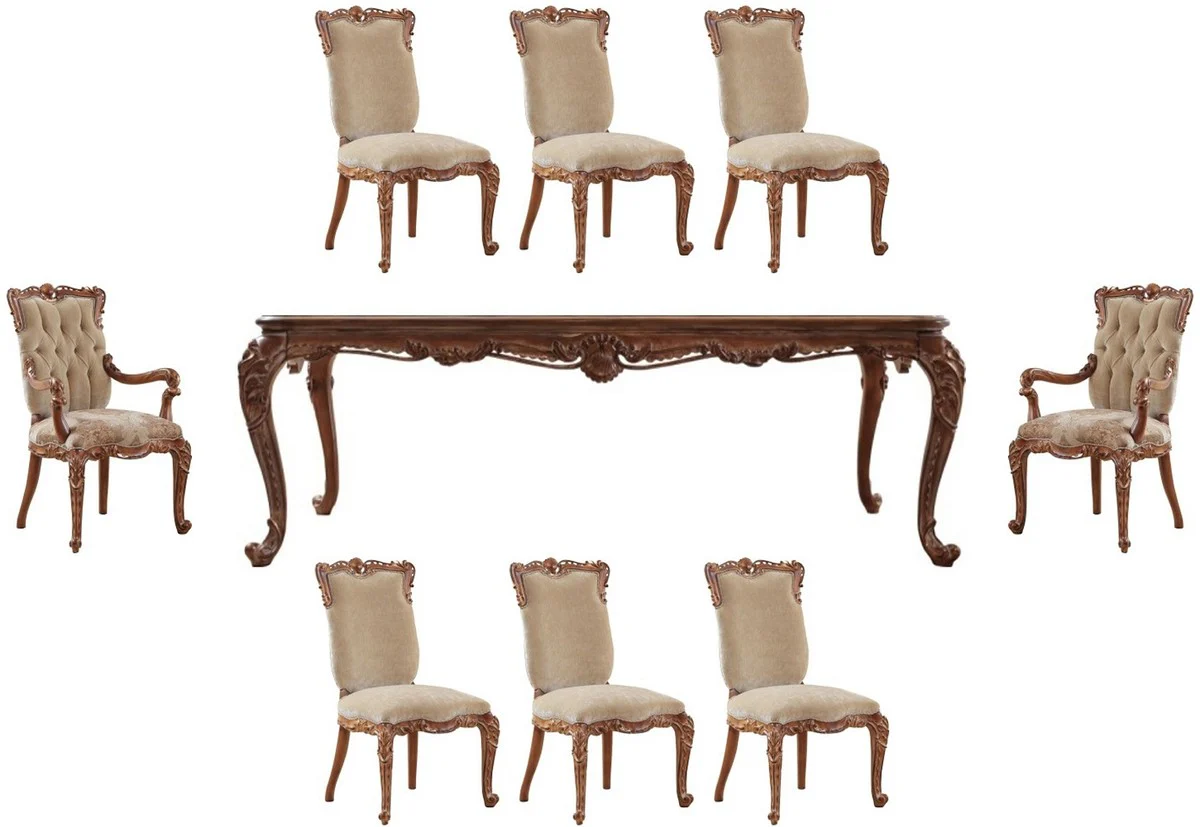 Luxus Barock Esszimmer Set Beige / Braun - 1 Barock Esstisch & 8 Barock Esszimmerstühle - Esszimmer Möbel im Barockstil - Edel & Prunkvoll