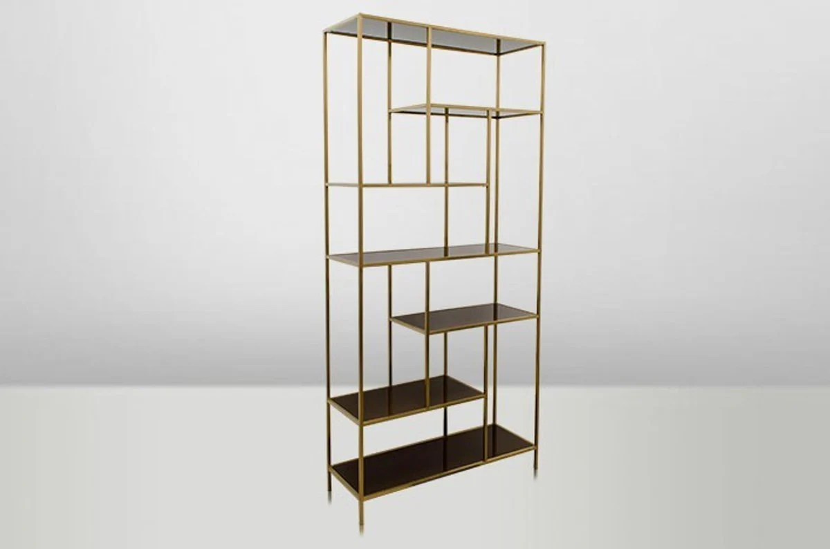 Art Deco Luxus Regal Schrank Edelstahl Gold mit getönten Glasböden H210 x 98 x 35 cm - Bücherregal Regal Schrank - Jugendstil Möbel
