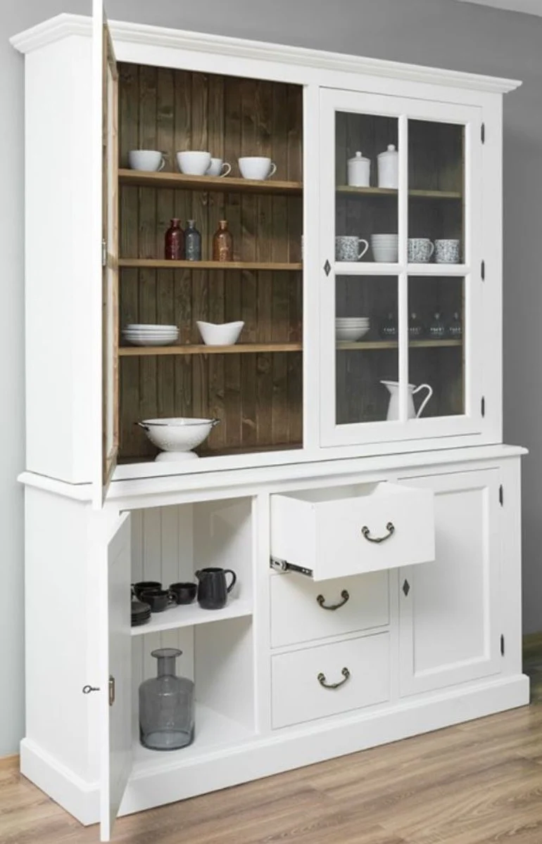 Landhausstil Küchenschrank Weiß / Braun 179 x 47 x H. 225 cm - Massivholz Küchenschrank mit 4 Türen und 3 Schubladen - Landhausstil Küchenmöbel