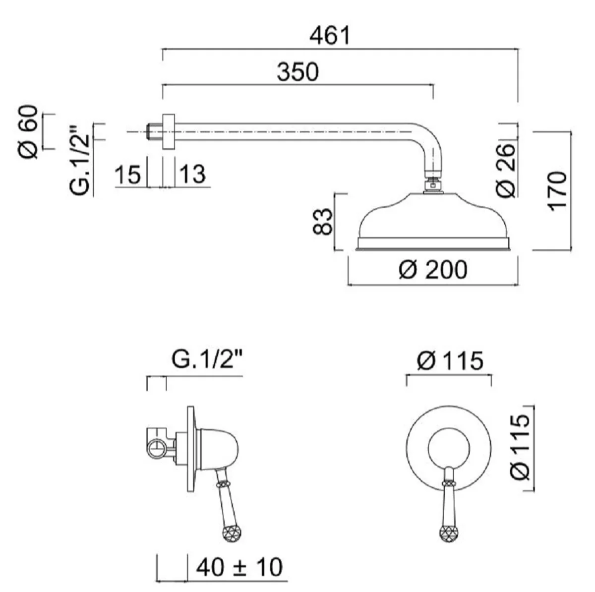 Luxus Duscharmaturen Set mit Swarovski Kristallglas Silber - Brauseset - Einhelbelmischer mit Kopfbrause - Badezimmer Duschgarnitur