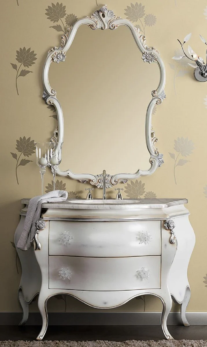 Luxus Barock Badezimmer Set Weiß / Silber - 1 Barock Waschtisch & 1 Barock Wandspiegel - Luxus Badezimmer Möbel im Barockstil - Barock Möbel - Luxus Qualität - Made in Italy