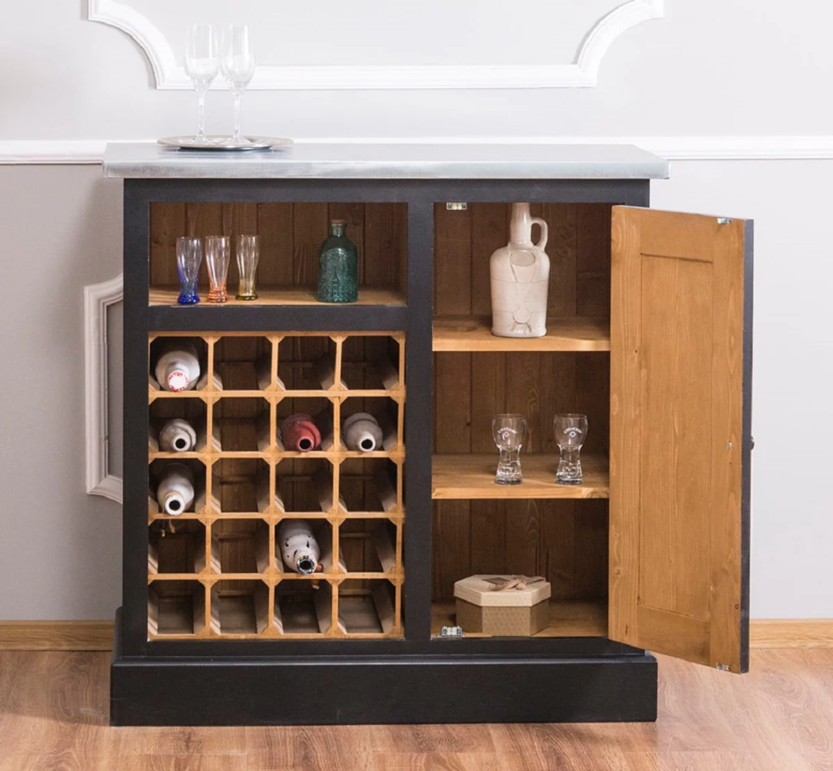 Landhausstil Weinschrank Schwarz / Naturfarben / Silber 90 x 41 x H. 90 cm - Weinschrank mit Tür und verzinkter Platte