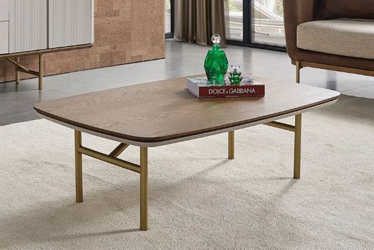 Luxus Couchtisch Braun / Hellgrau / Messing 120 x 68 x H. 35 cm - Rechteckiger Massivholz Wohnzimmertisch - Wohnzimmer Möbel - Luxus Möbel - Luxus Einrichtung