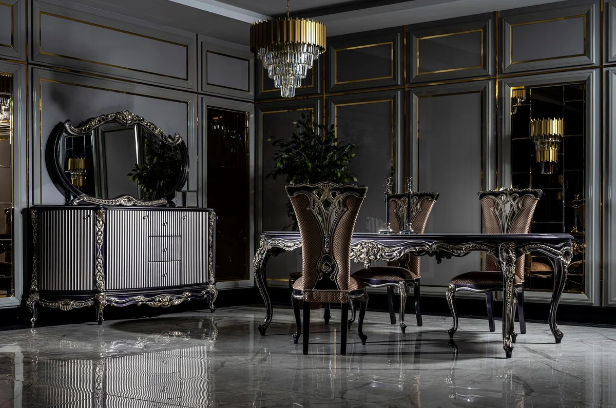 Luxus Barock Esszimmer Set Weiß / Lila / Gold - 1 Esstisch & 6 Esszimmerstühle - Prunkvolle Barock Esszimmer Möbel