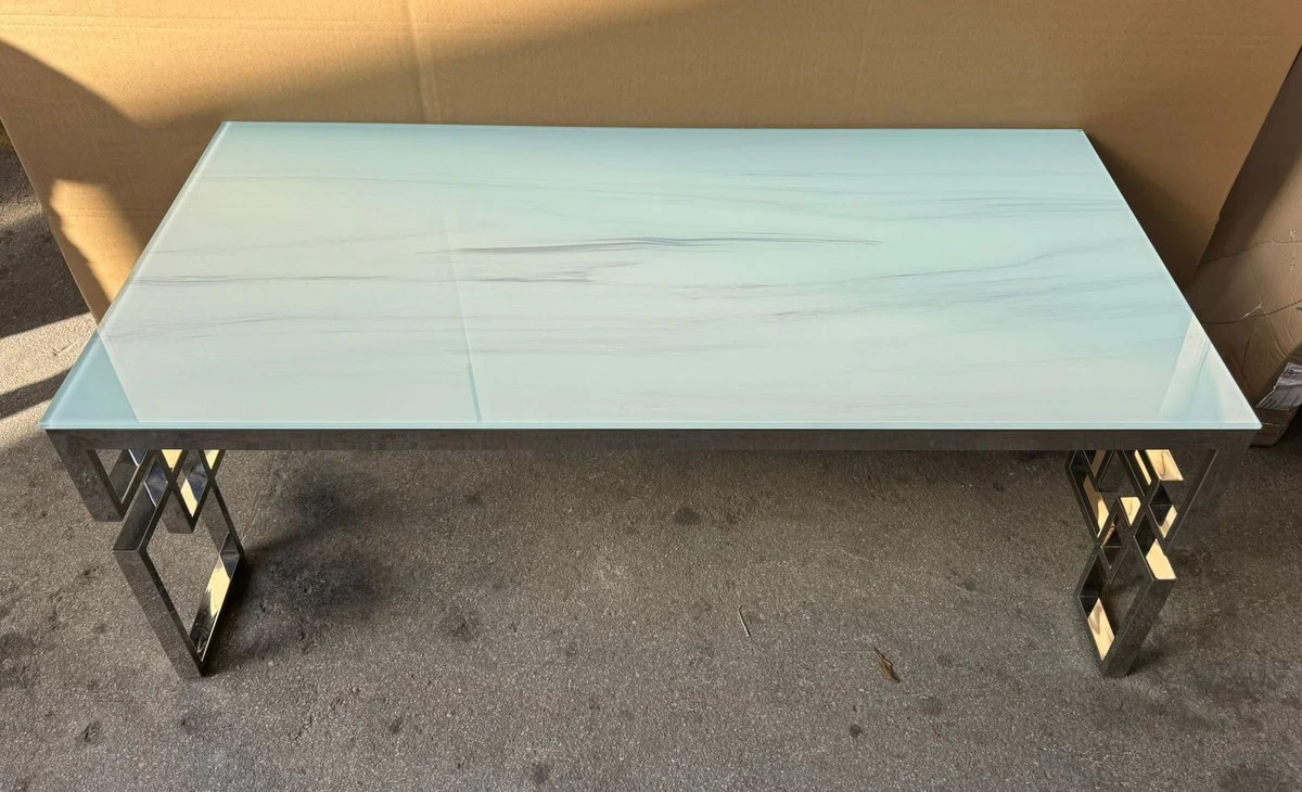 Luxus Edelstahl Couchtisch mit Marmorglas Tischplatte Weiß / Silber 120 cm